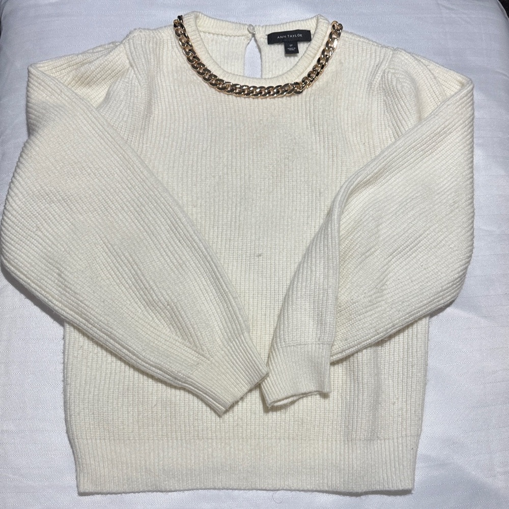 Ann Taylor Cream Sweater with Gold Chain Neckline